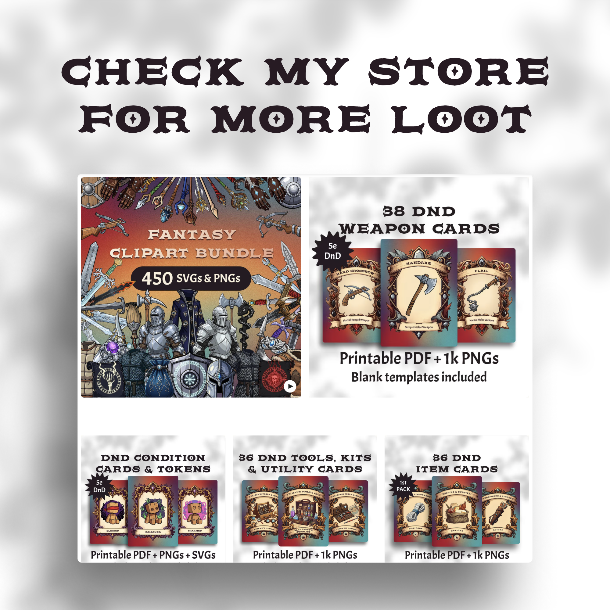 Promo graphic for other Mirime store listings, including DnD weapon card sets