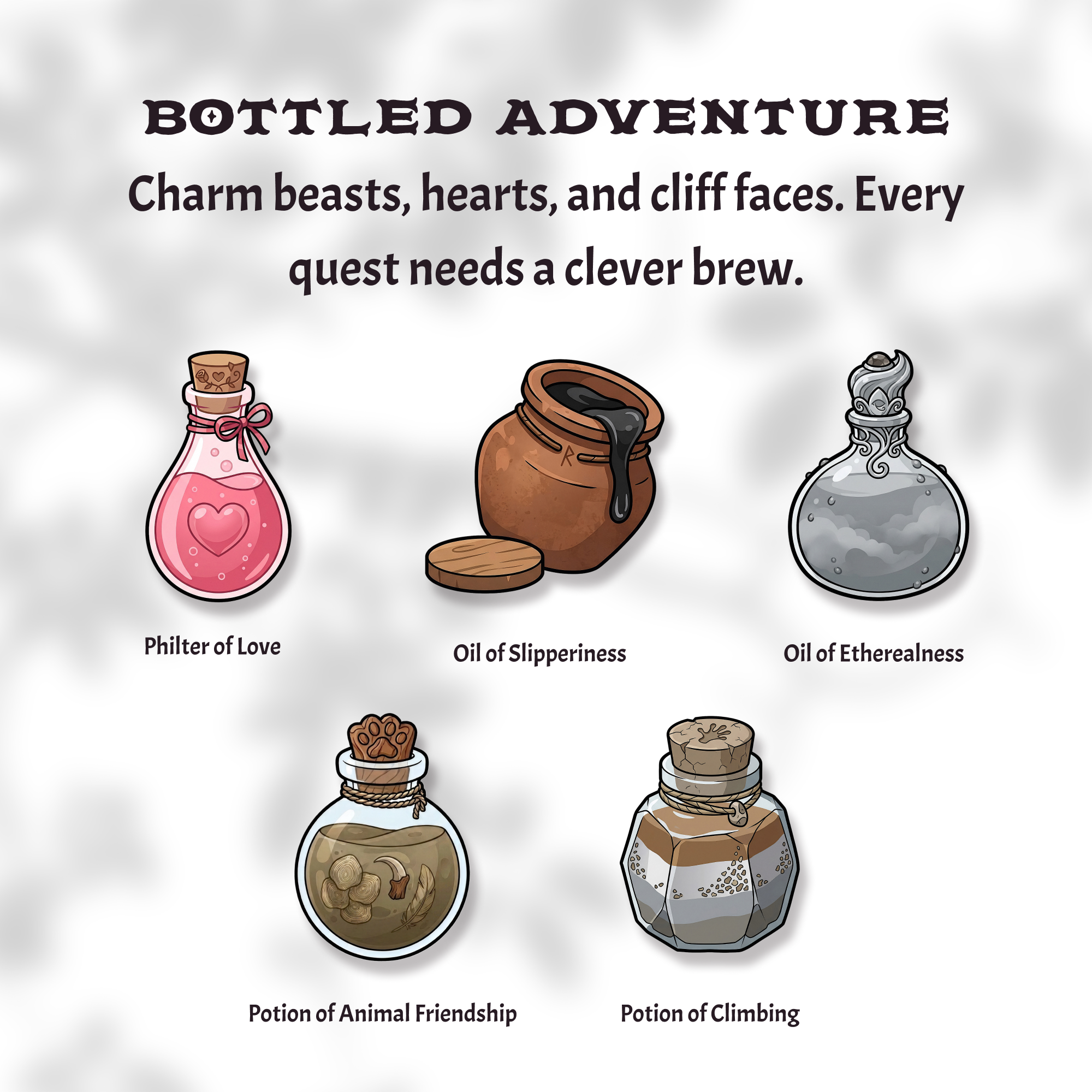 Five DnD potion stickers: Philter of Love, Oil of Slipperiness, Oil of Etherealness, Potion of Animal Friendship, Potion of Climbing