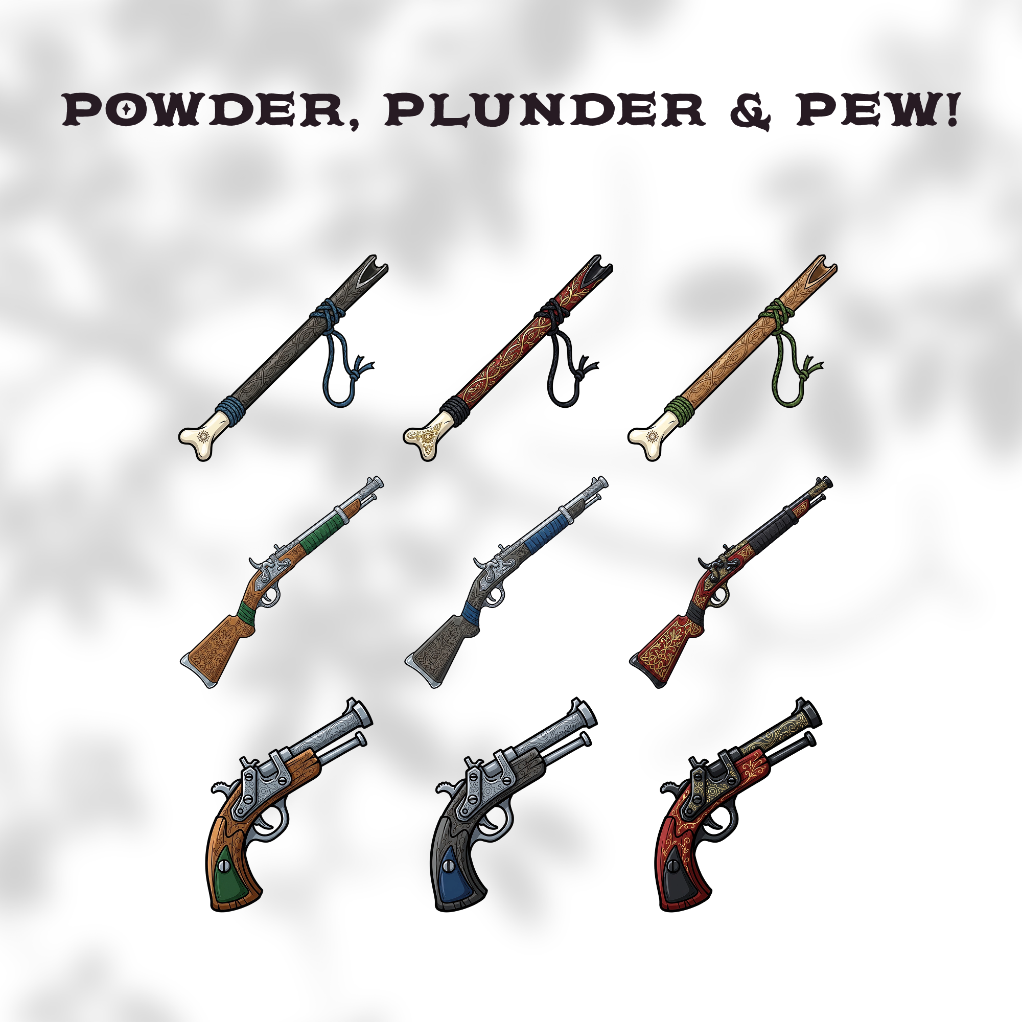 Set of fantasy flintlock pistols and muskets clipart.
