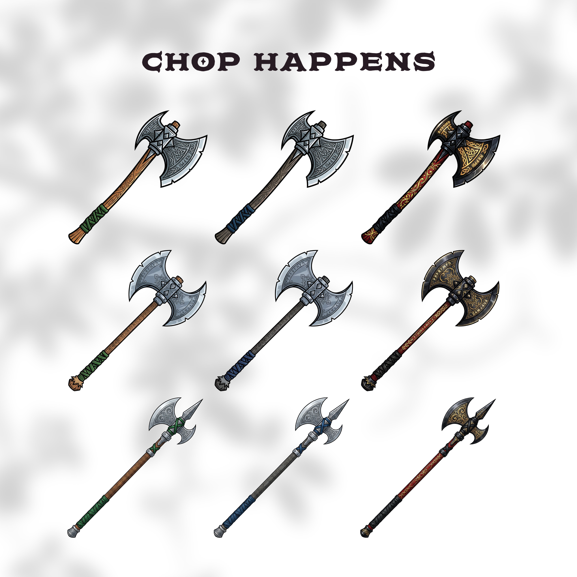 Set of fantasy battle axes and war axes clipart.