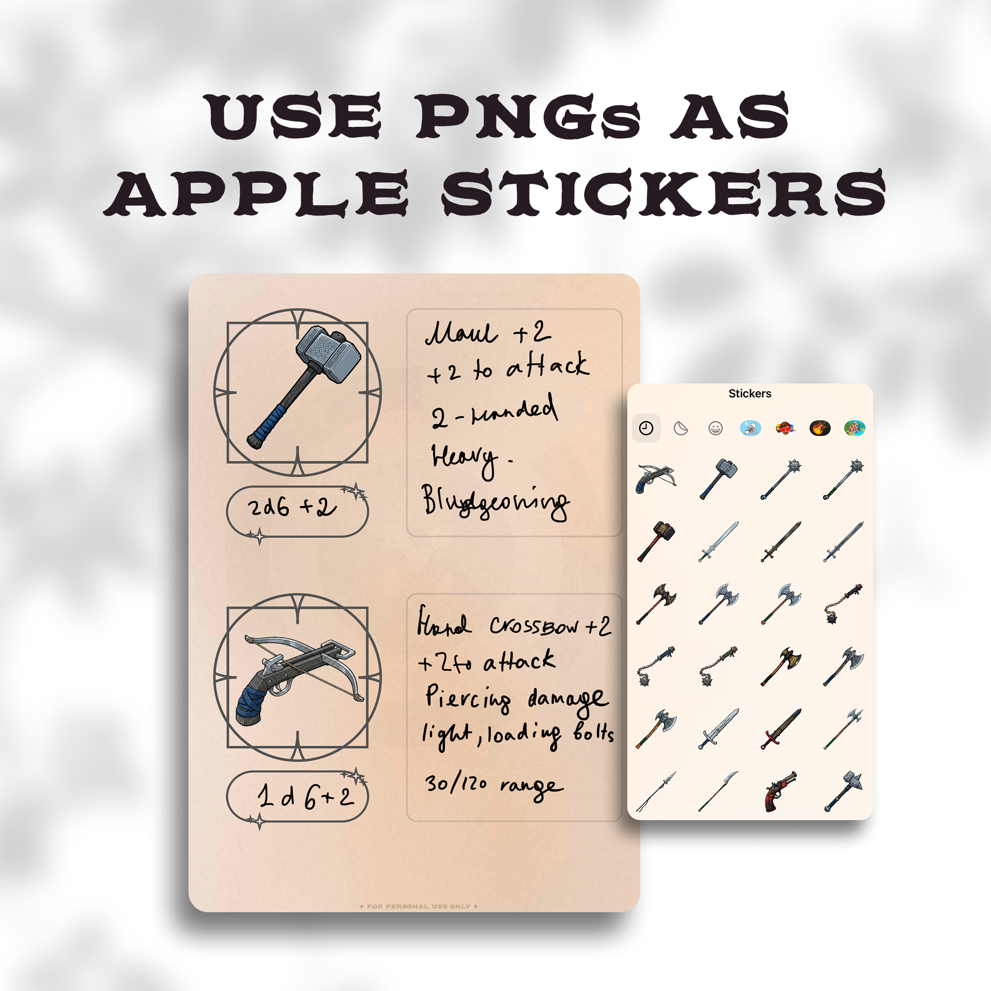 PNG weapon stickers used as Apple stickers on a handwritten notes page.