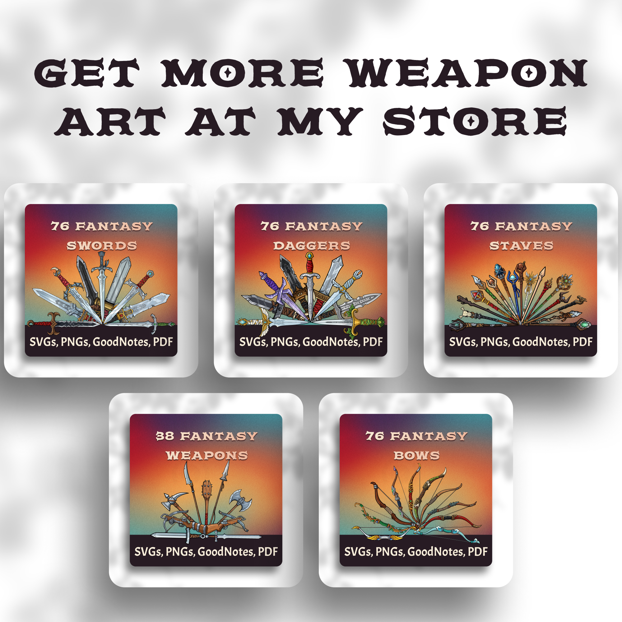 Preview of more DnD weapon clipart packs available in the Mirime store.