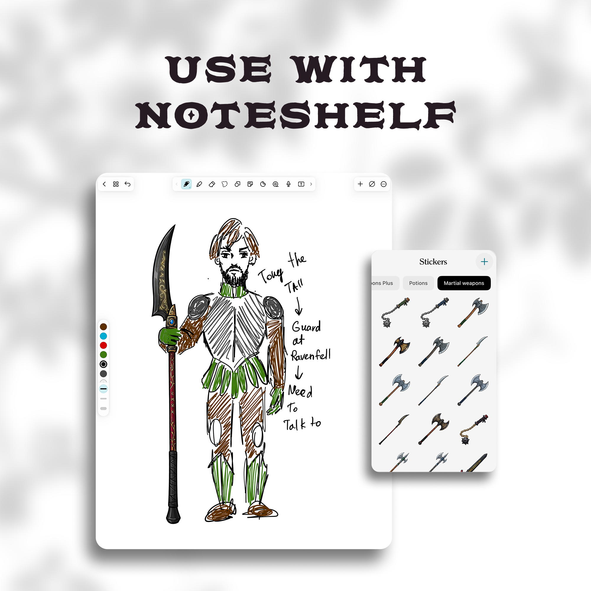 Weapon stickers placed on a Noteshelf character sheet beside a polearm-wielding warrior.