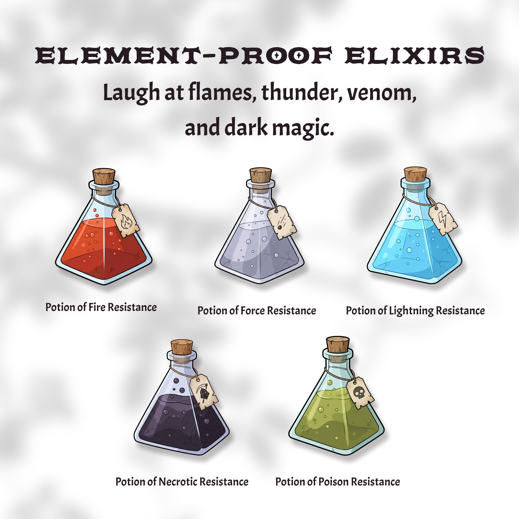 Five DnD potion stickers: Fire Resistance, Force Resistance, Lightning Resistance, Necrotic Resistance, Poison Resistance