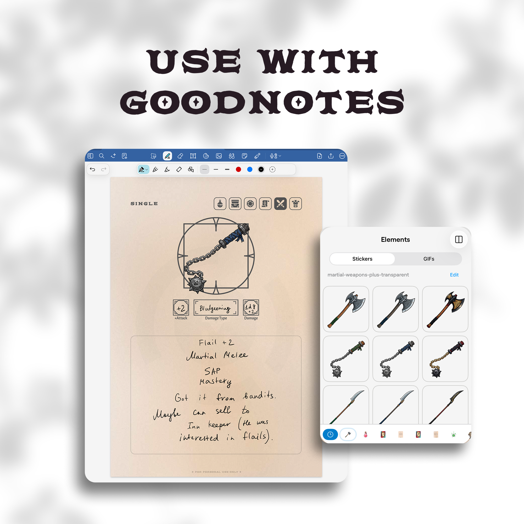Weapon clipart stickers used on a GoodNotes digital notebook page.