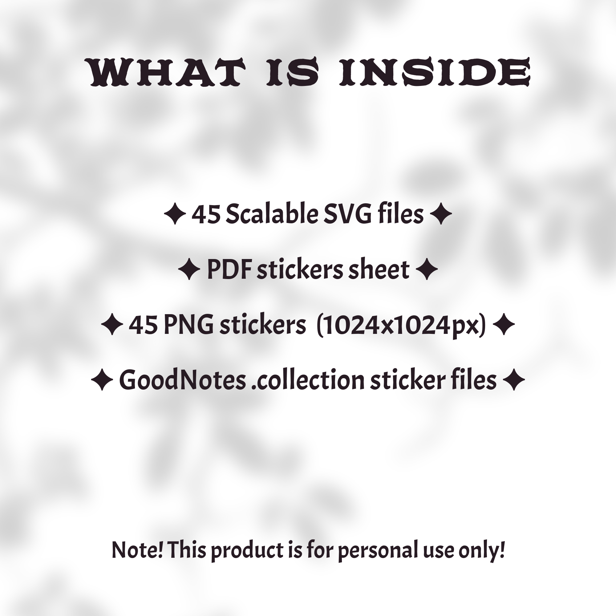 Infographic listing set contents: 45 scalable SVG files, a PDF sticker sheet, 45 PNG stickers at 1024x1024px, and GoodNotes files