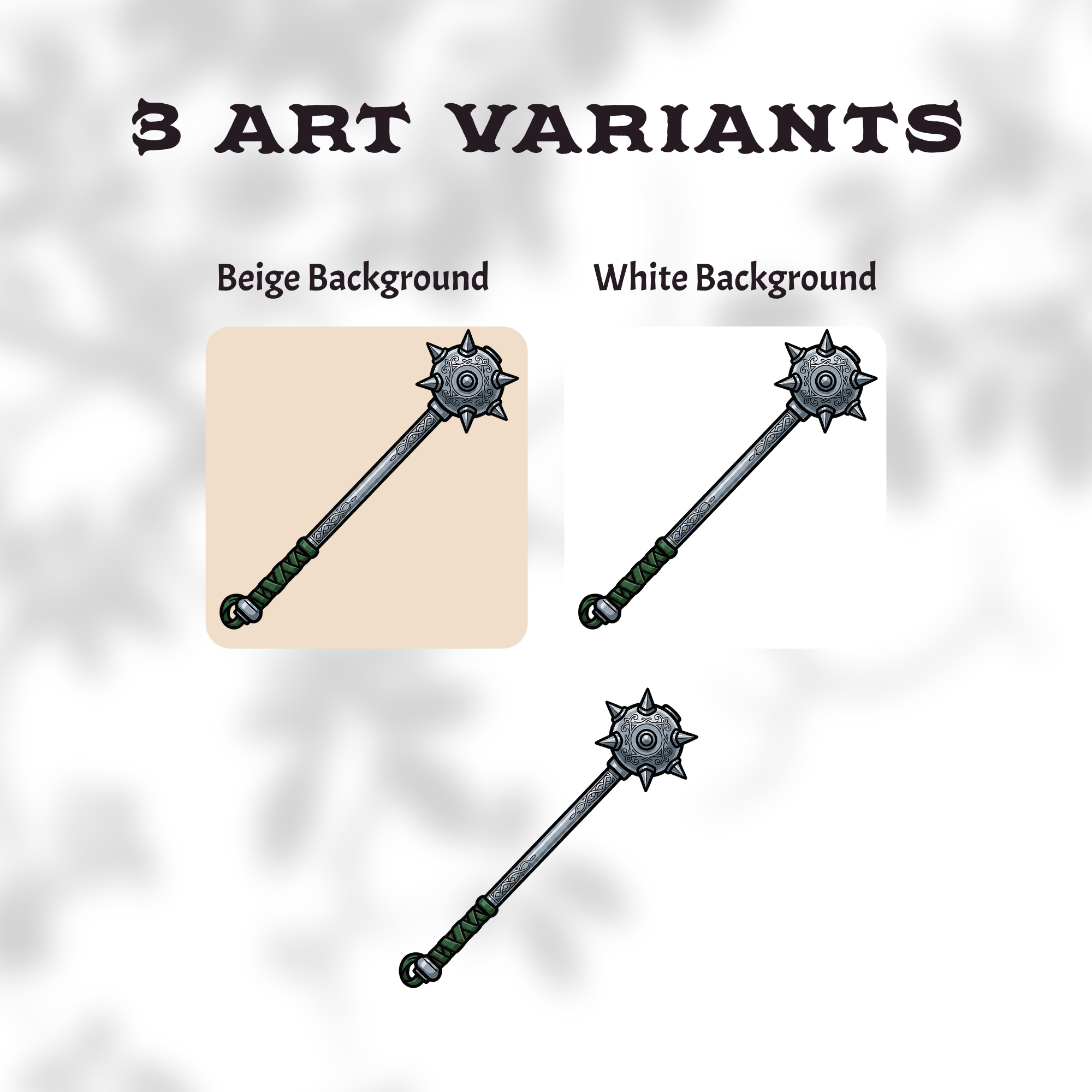 Spiked mace clipart shown in three art variants: beige background, white background and no background.
