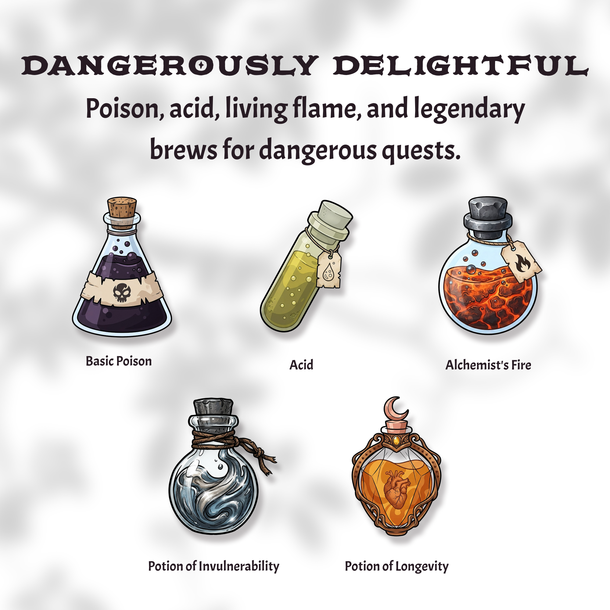 Five DnD potion stickers: Basic Poison, Acid, Alchemist's Fire, Potion of Invulnerability, Potion of Longevity
