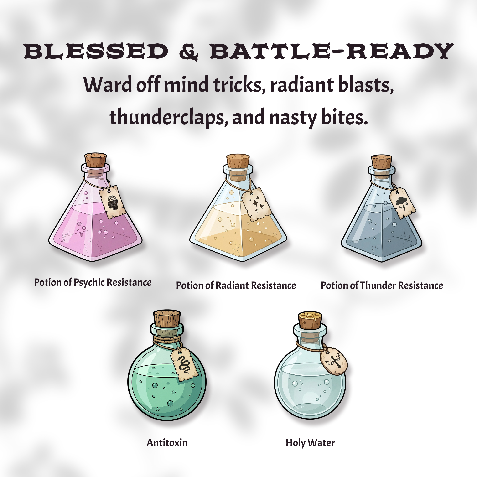 Five DnD potion stickers: Psychic Resistance, Radiant Resistance, Thunder Resistance, Antitoxin, Holy Water