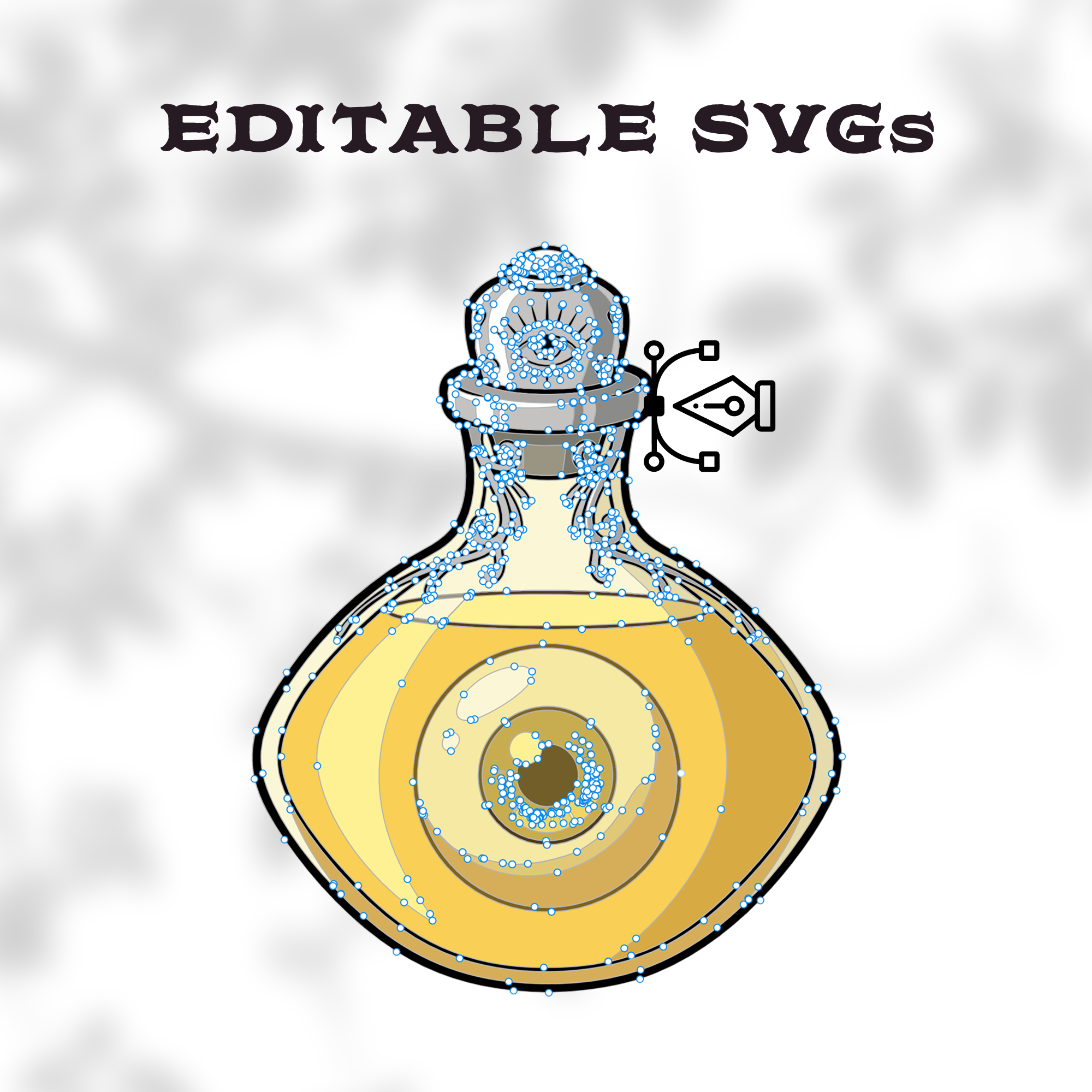 Golden potion bottle SVG open in a vector editor, showing fully editable layers and colors