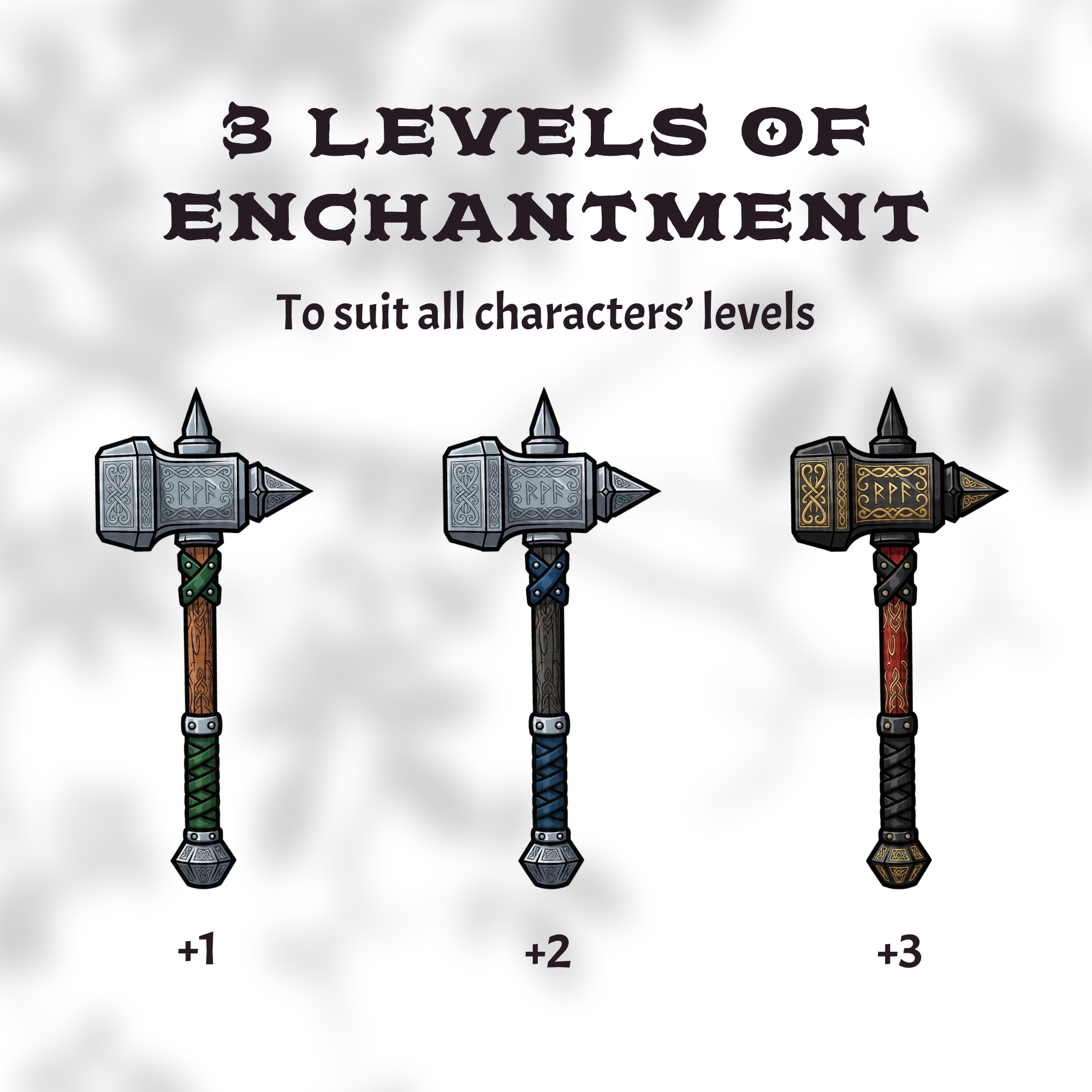 Warhammer clipart in three enchantment levels, marked +1, +2 and +3.