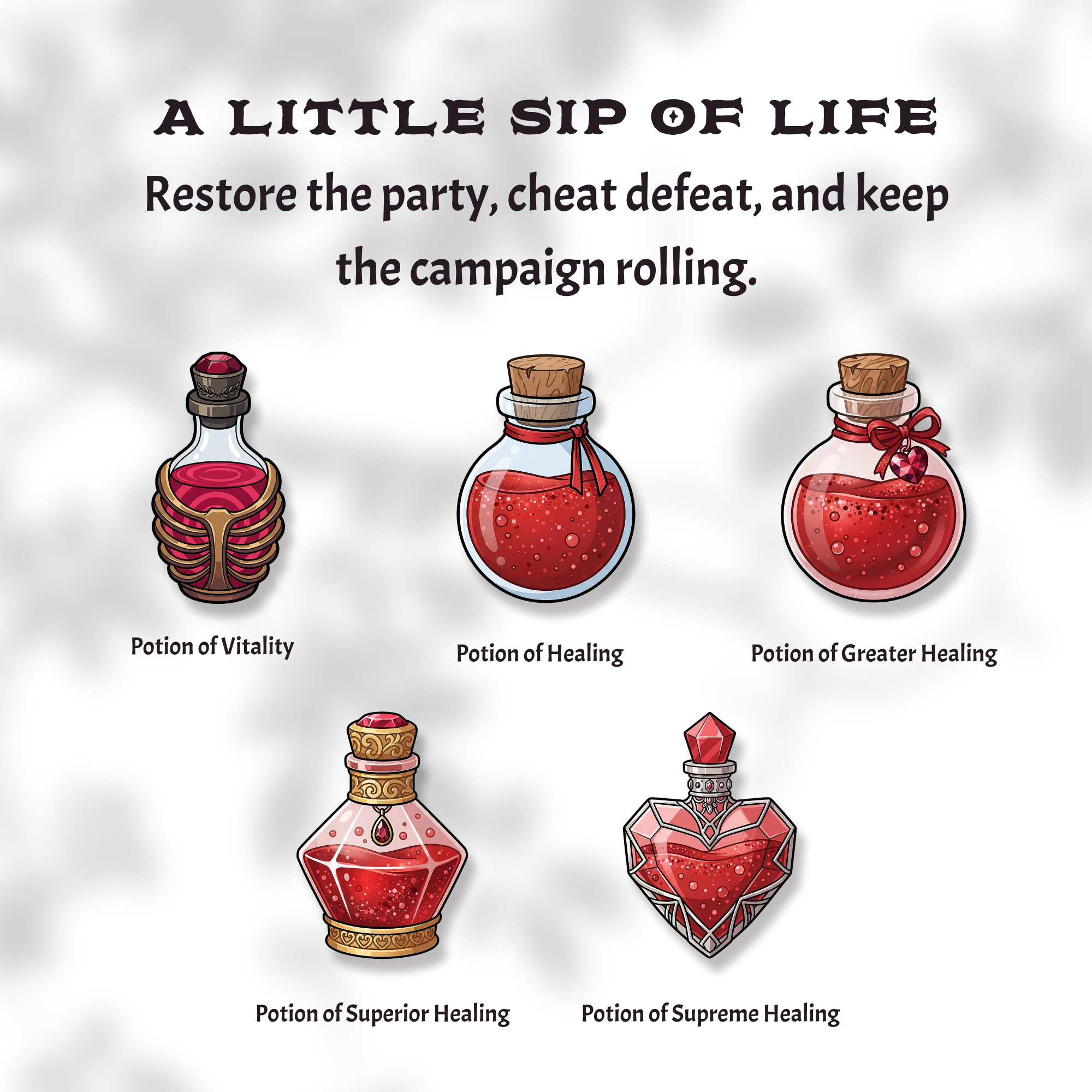 Five DnD healing potion stickers: Vitality, Healing, Greater Healing, Superior Healing, Supreme Healing