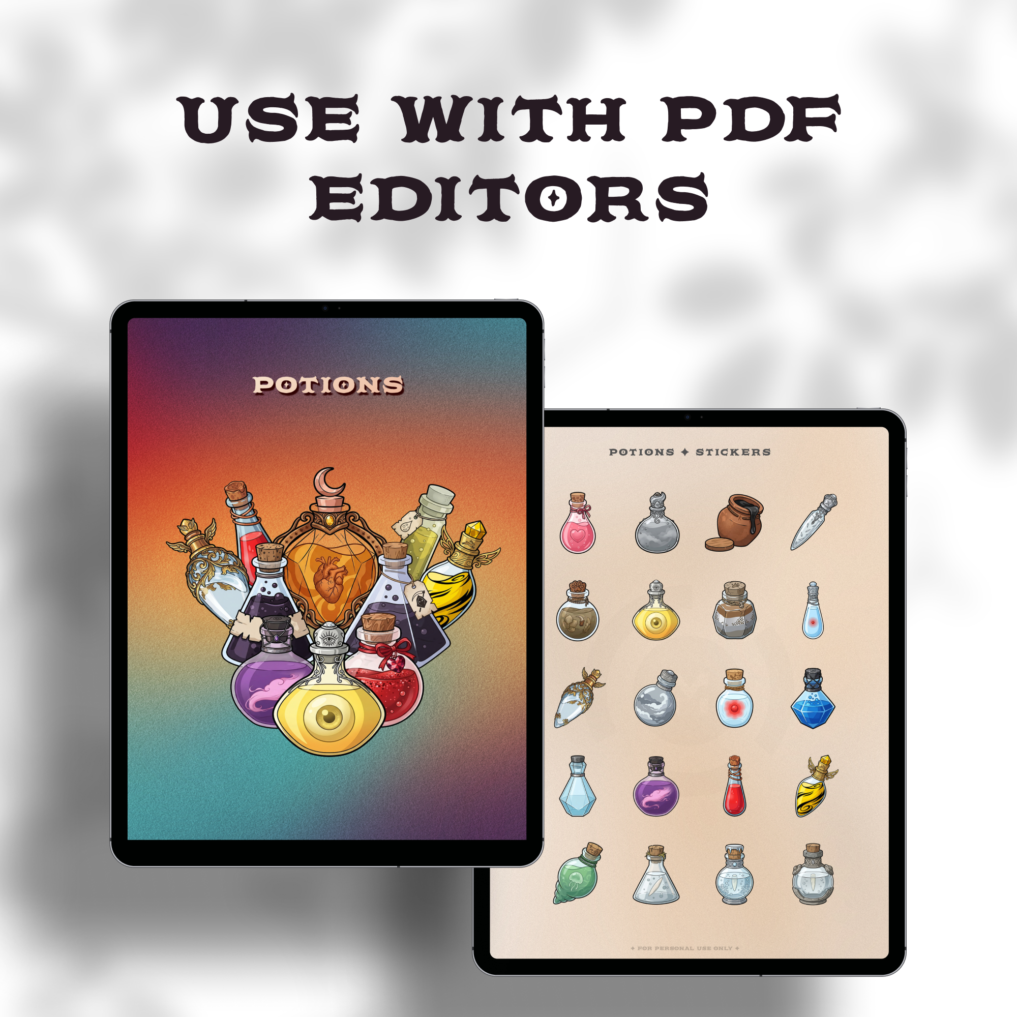 Tablet mockup showing the DnD potion sticker sheet opened as an annotatable PDF in a PDF editor app