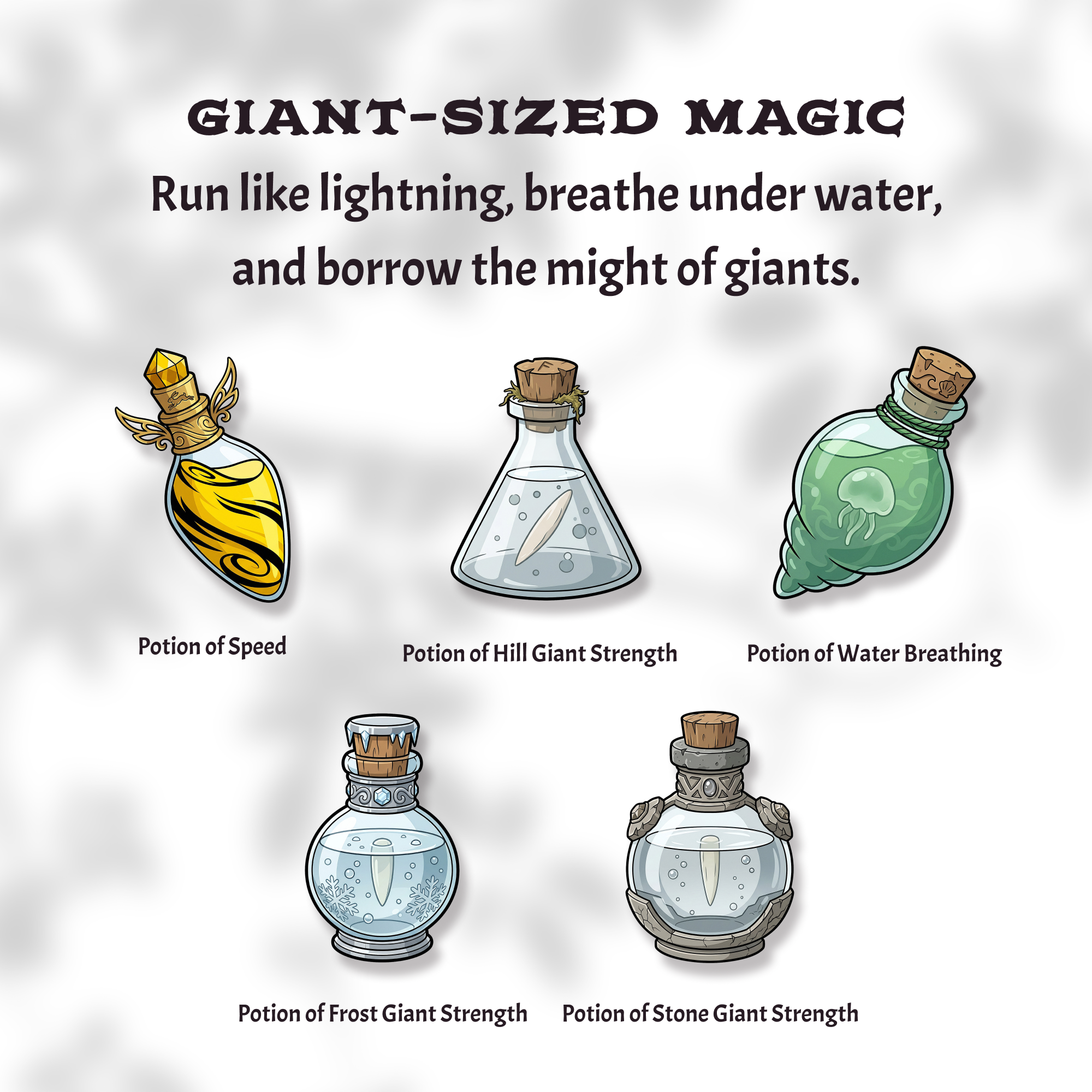 Five DnD potion stickers: Potion of Speed, Hill Giant Strength, Water Breathing, Frost Giant Strength, Stone Giant Strength