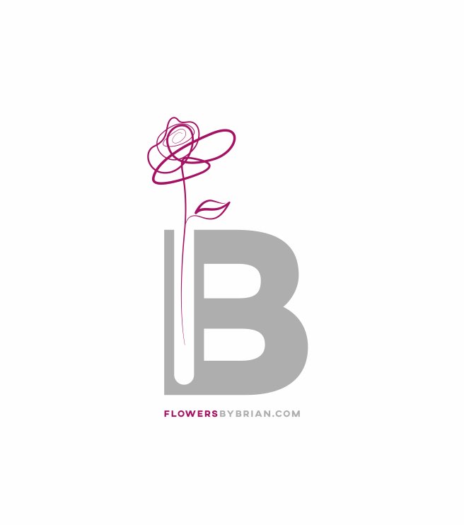 Logo featuring a large gray letter B with a pink line drawing of a flower above it and the words 'FLOWERS BY BRIAN' underneath.