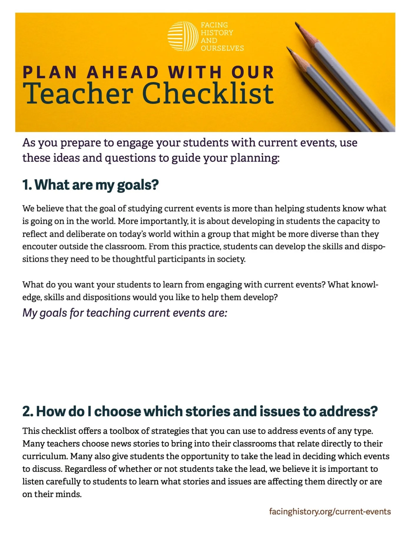 An example of a current events resource, a "teacher checklist" guide that Lauren helped develop.