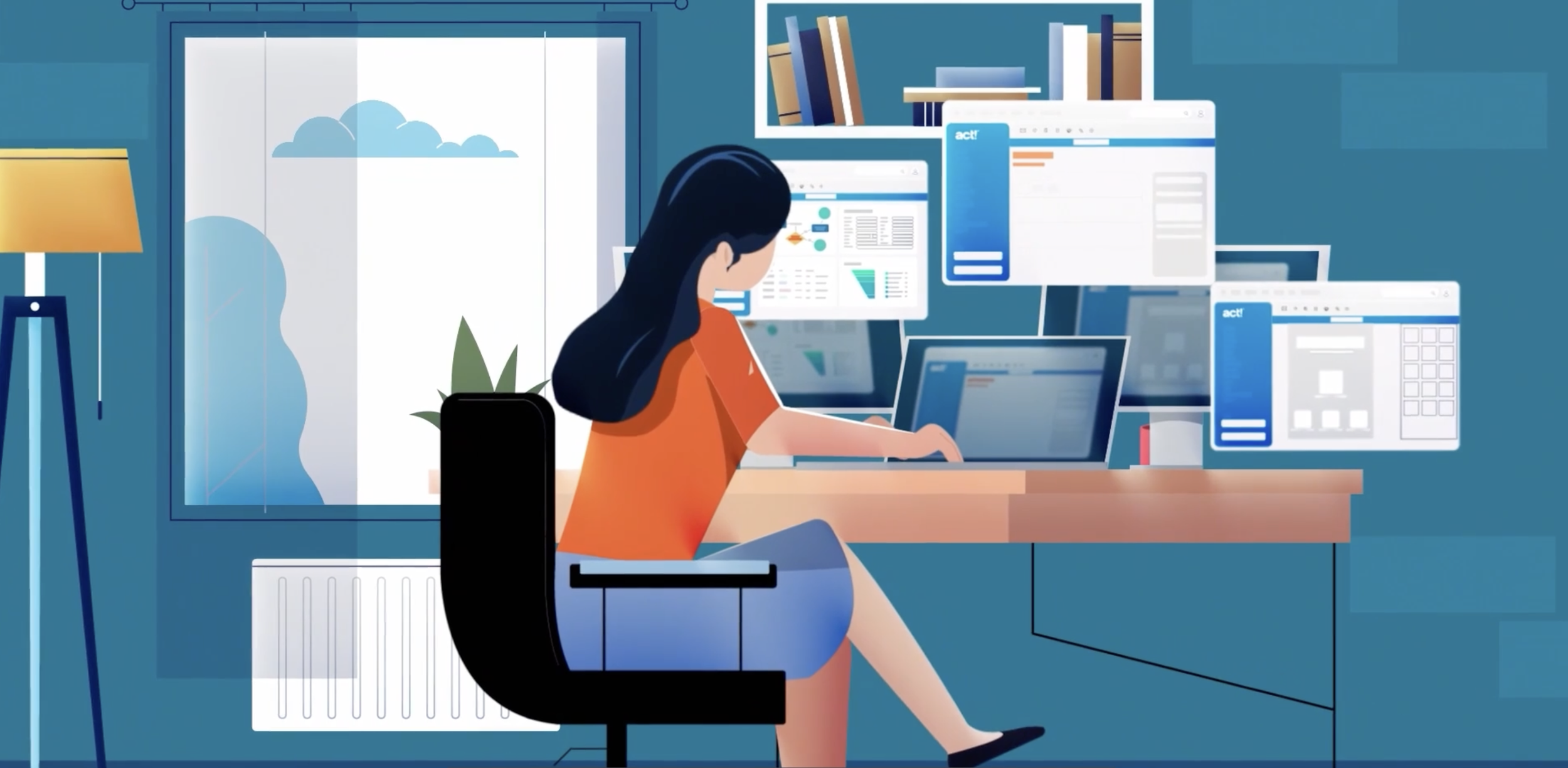 Illustration of a person sitting at a desk with multiple projects floating in front of her.