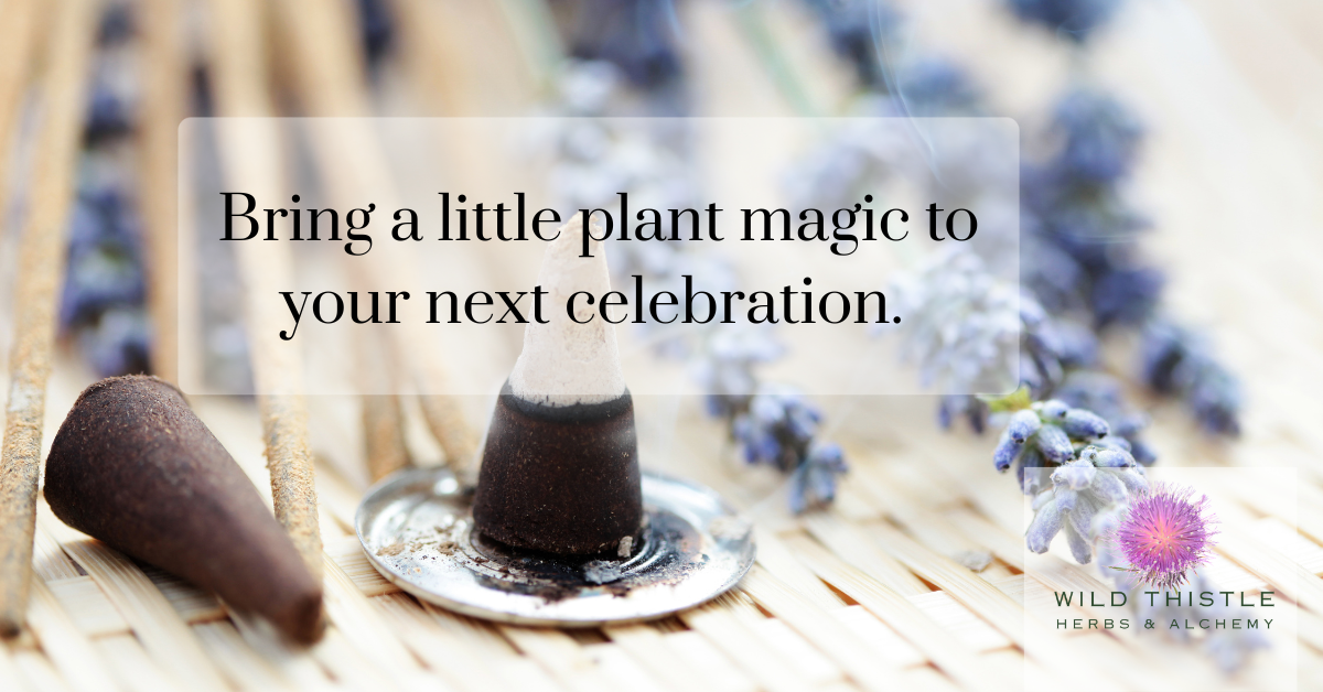 Burning lavender incense cone with the text 'bring a little plant magic to your next celebration' from Wild Thistle Herbs and Alchemy.