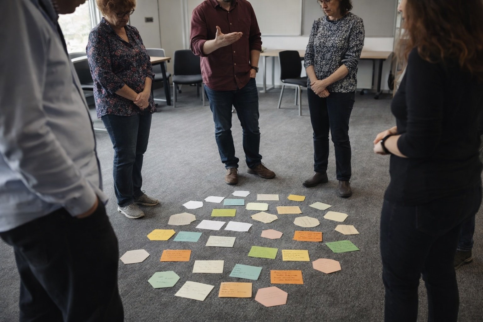 Five people standing in a circle around colorful sticky notes on the carpet, engaged in a discussion or team activity in a conference room.