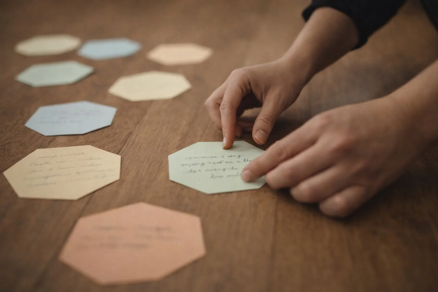 Hands arranging colorful paper notes on a wooden table.