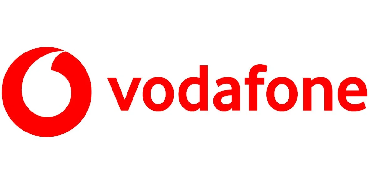 Vodafone logo with red speech mark symbol and red text on a white background.