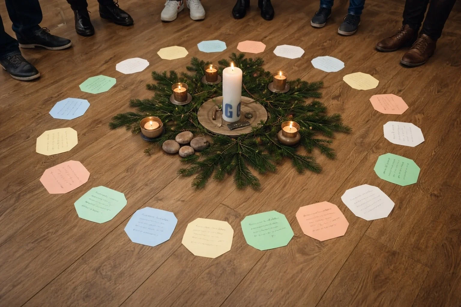 A holiday seasonal arrangement on a wooden floor featuring a small wreath of pine branches, six lit candles, and a large candle in the center. Surrounding the arrangement are colorful, octagonal paper notes arranged in a circle with handwritten messages.