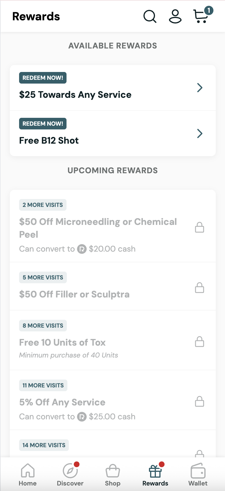 Screenshot of a rewards section in an app showing available and upcoming rewards, including discounts on services like microneedling, filler, and free units of toxin.