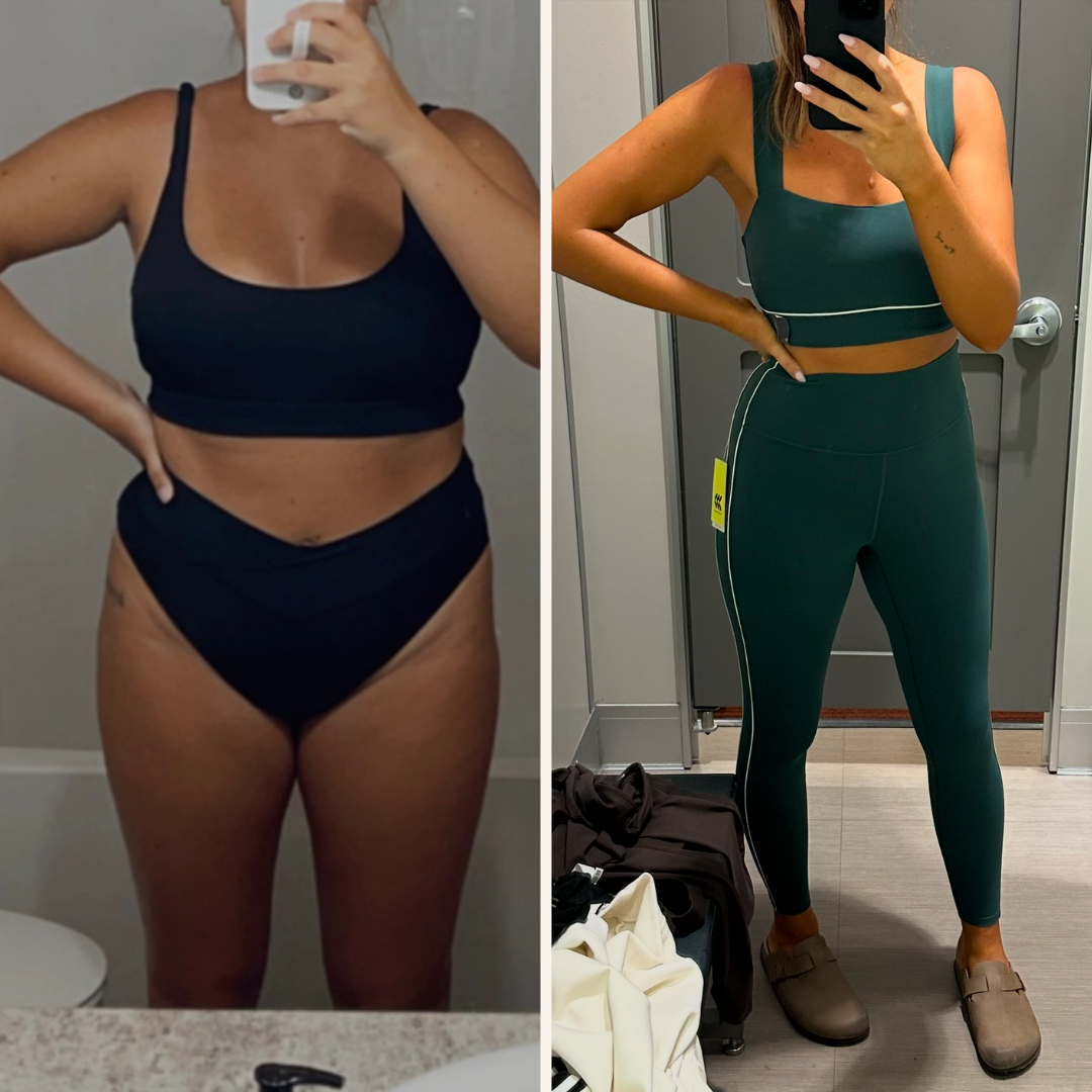Side-by-side mirror selfies of a woman, showing transformation. On the left, she wears a black sports bra and matching underwear, with a fuller midsection. On the right, she wears a green workout set, highlighting a slimmer waist and toned body, standing in a fitness center.