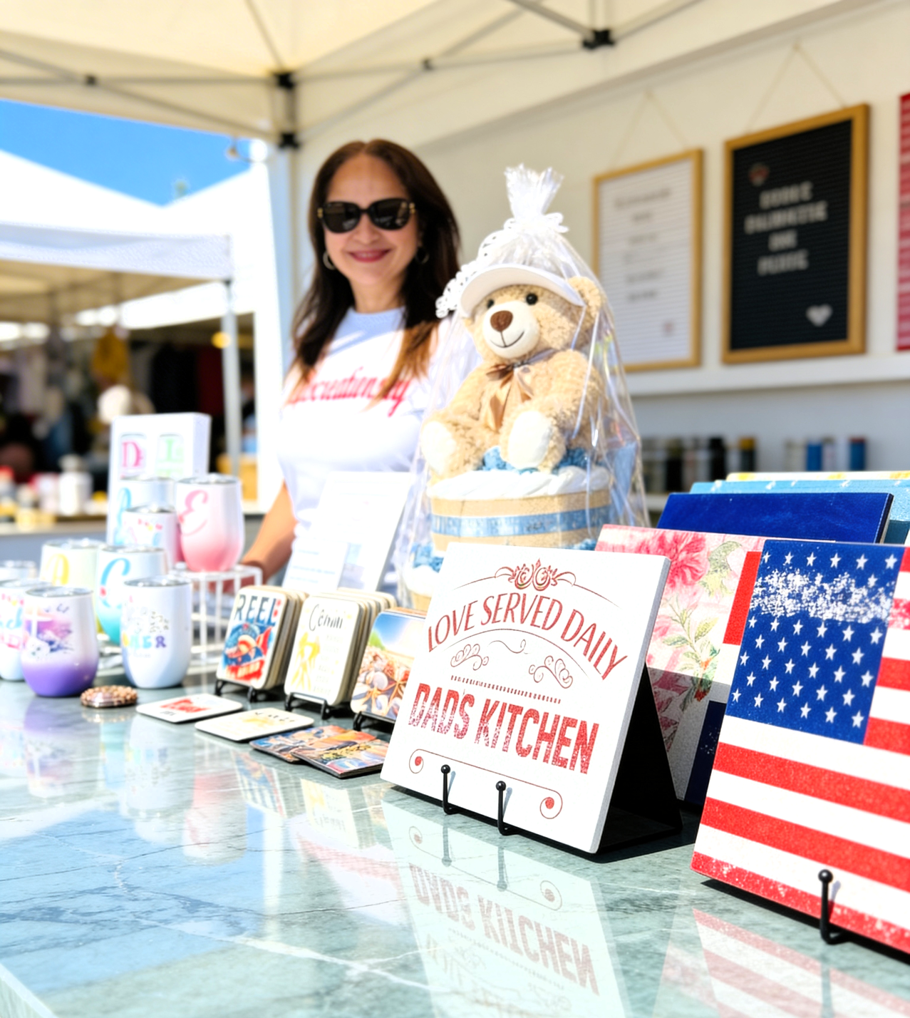 Woman in sunglasses smiling at an outdoor market stall with various mugs and decorative signs, including one that reads 'Love served daily, Dads Kitchen,' and a teddy bear in a gift basket.