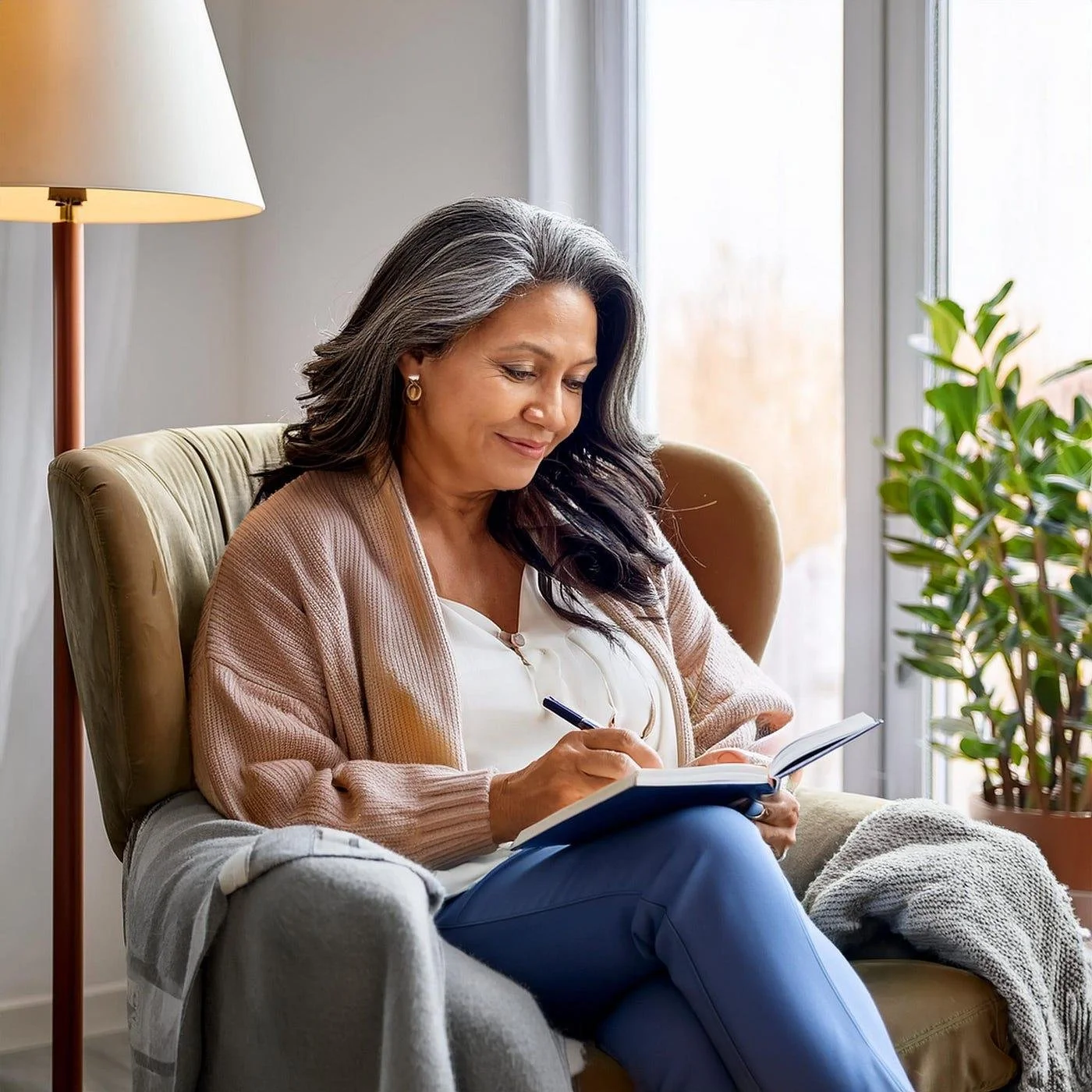 An older woman with gray hair, wearing a beige cardigan and white blouse, sitting in a comfortable chair by a window, writing in a blue notebook with a pen, next to a gray blanket, with a potted plant nearby and a standing lamp behind her.