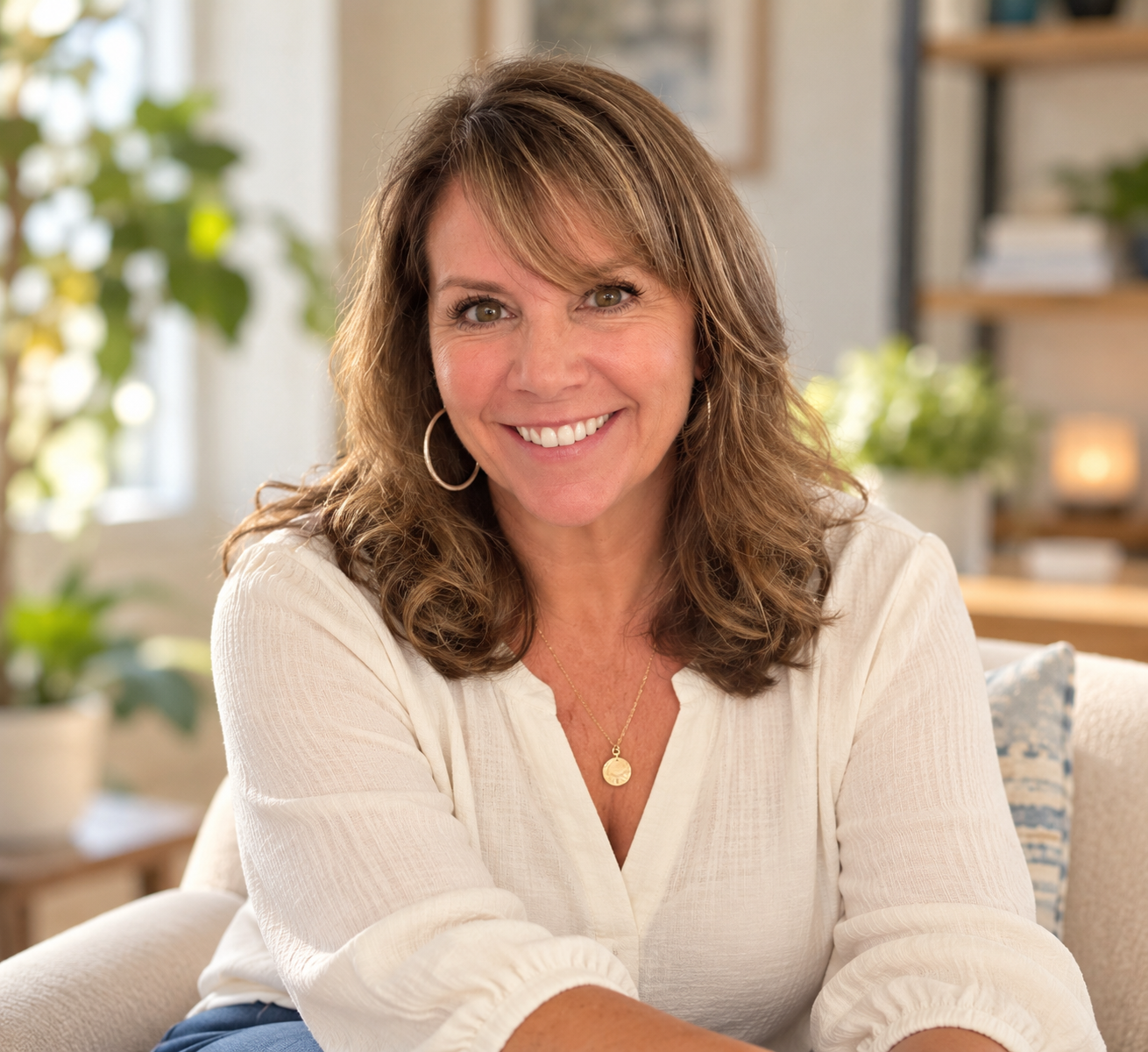 A woman with shoulder-length brown hair smiling and wearing a cream-colored blouse, sitting in a well-lit living room with plants and bookshelves in the background.