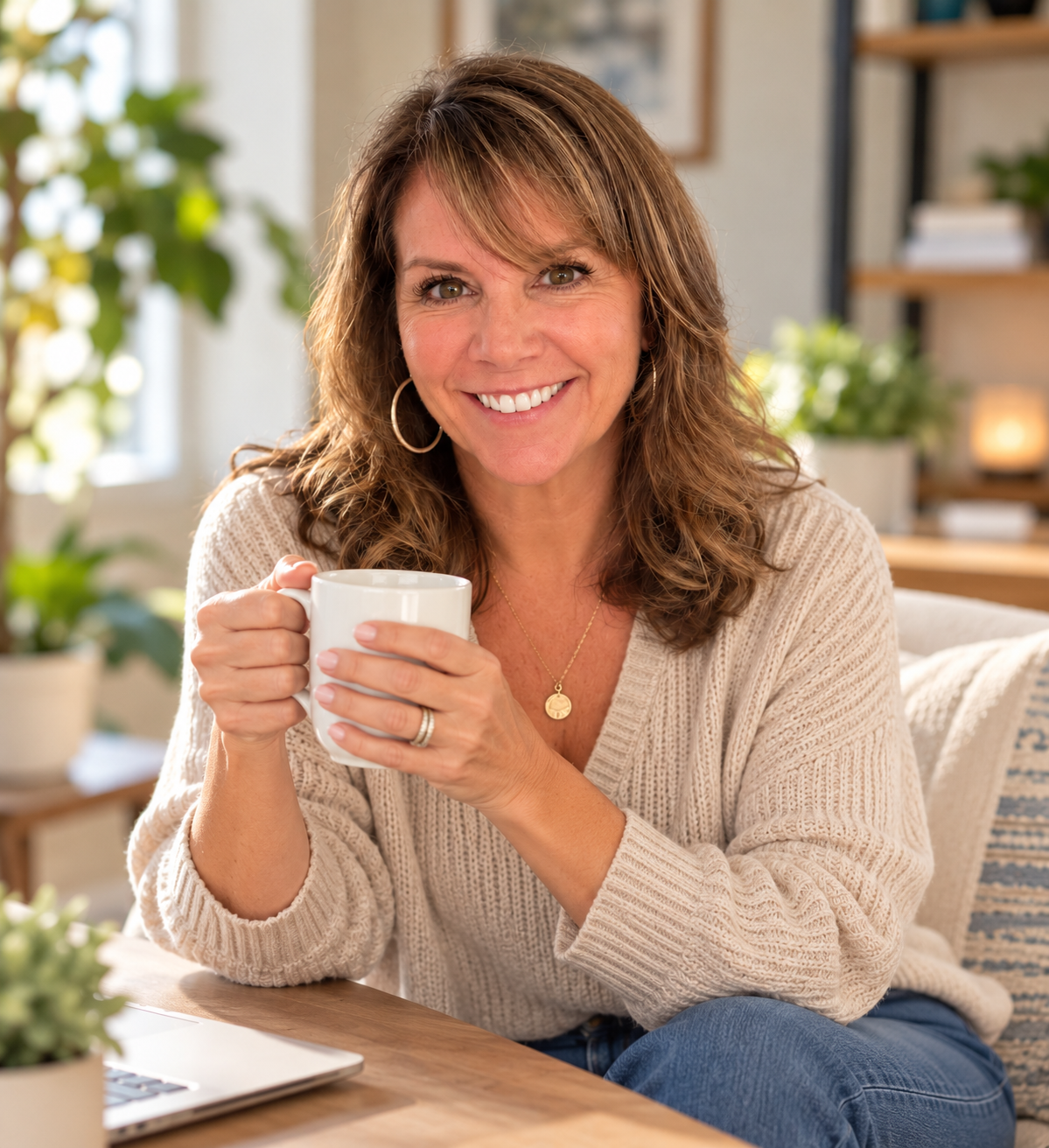 A smiling woman with shoulder-length brown hair and hoop earrings holding a white coffee mug, sitting in a cozy, well-lit room with plants and bookshelf.