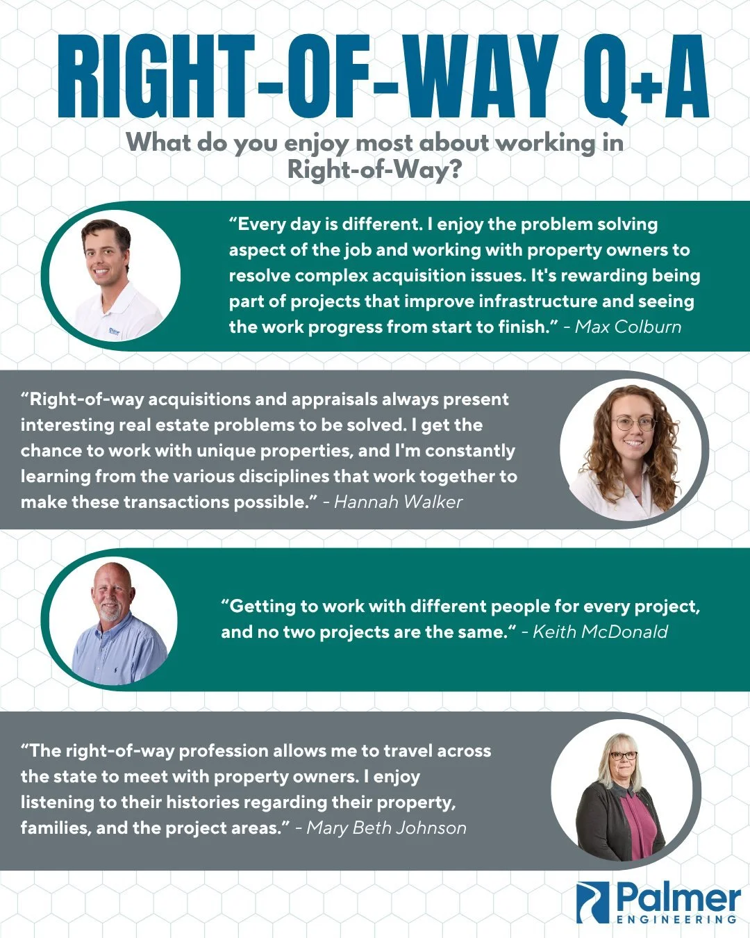 Happy National Right-of-Way Professionals Week!

We're proud to recognize the talented members of Palmer's right-of-way team and the important work they do to support infrastructure and transportation projects throughout our communities.

Want to lea