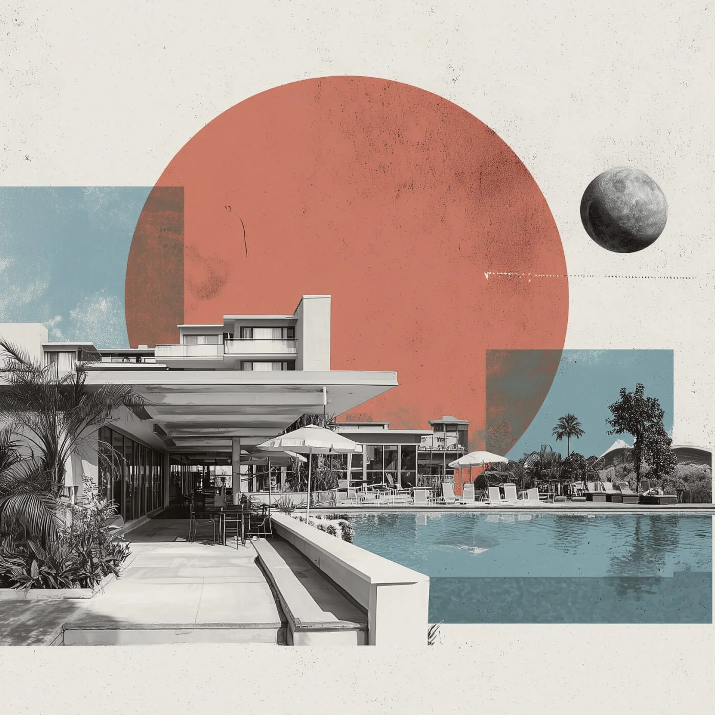 A modern hotel with a pool area, outdoor lounge chairs, and umbrellas, set in a tropical location with palm trees. The background features a stylized artistic collage with a large red circle and smaller moon and planet images.