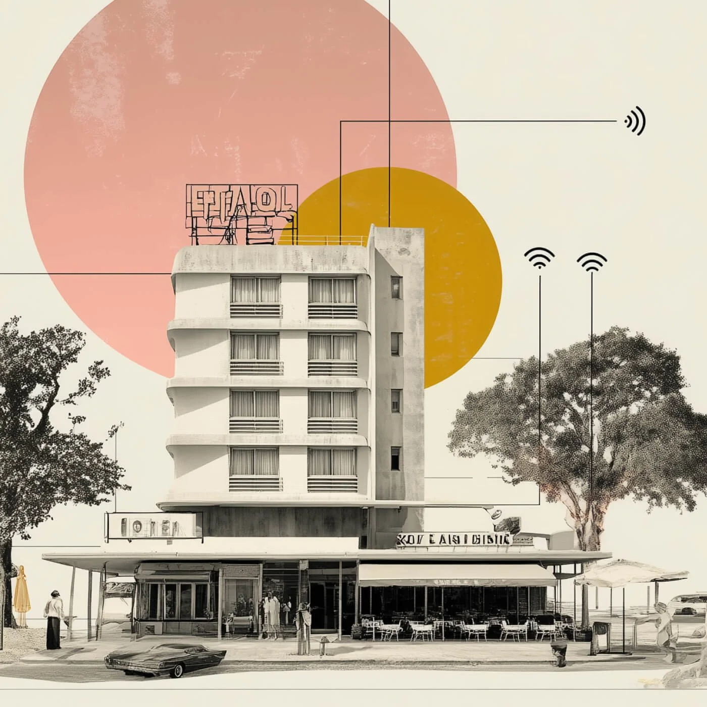 A black and white photo of a mid-century modern building with several floors, a cafe or restaurant on the ground level, and outdoor seating. There are trees on either side, a parked car, and people walking or standing nearby. Digital graphic elements include colored circles, Wi-Fi icons, and a neon sign on top of the building that reads 'HOTEL'.