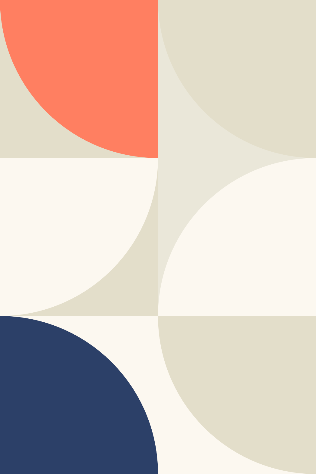 Abstract geometric design with large semi-circles in shades of beige, navy blue, coral, and light grey.