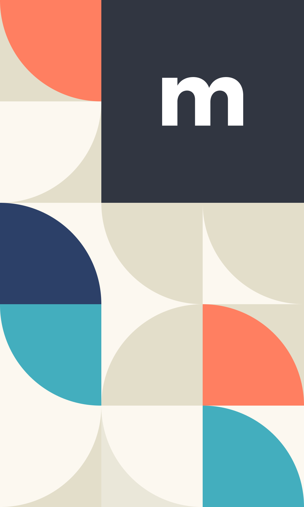 Colorful abstract geometric pattern with shapes and the letter 'm' in white on a dark background.