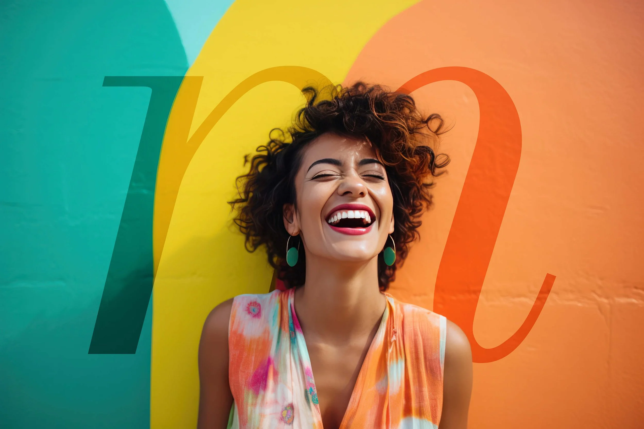 A woman with curly hair and green earrings is laughing with her eyes closed against a colorful background with large numbers 2020.