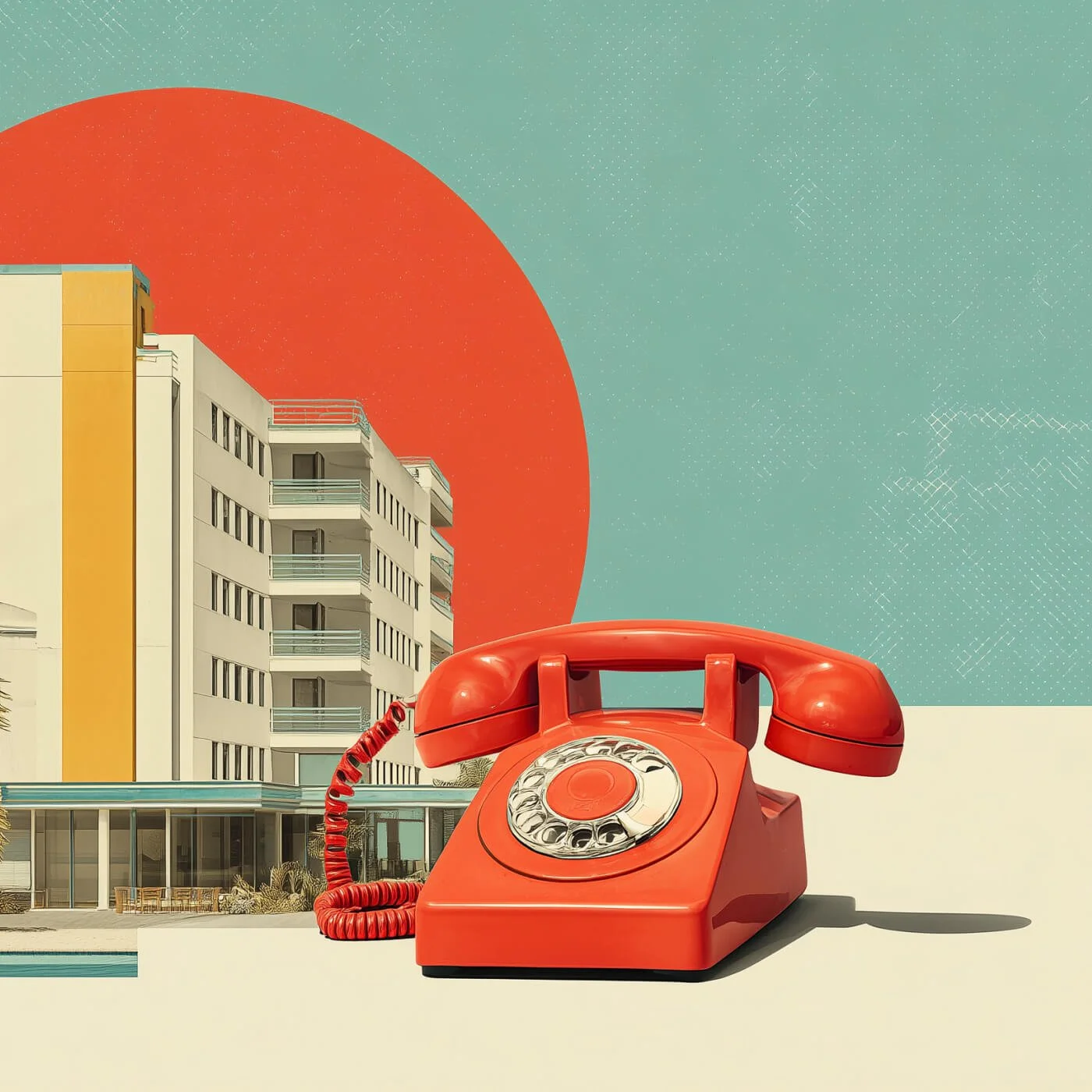 A vintage red rotary telephone on a desert-like surface with a modern building in the background and a stylized large red sun or moon in the sky.