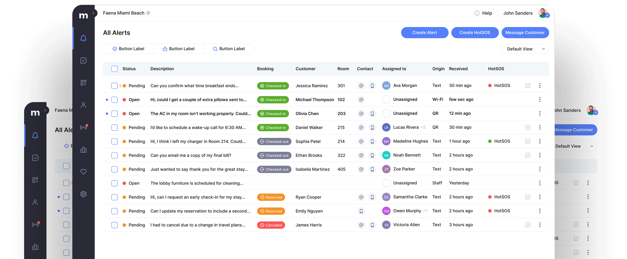 Screenshot of a hotel management alert dashboard showing a list of service requests and status updates, with options to create alerts, create hotSOS, and message customers.