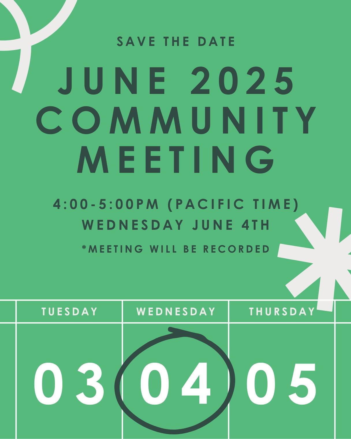 A friendly reminder that our June 2025 Community Meeting will be this Wednesday, June 4 from 4&ndash;5pm PT. All are encouraged to attend! We'll introduce our new board, learn about our Scientific &amp; Medical Advisory Board, and discuss an exciting