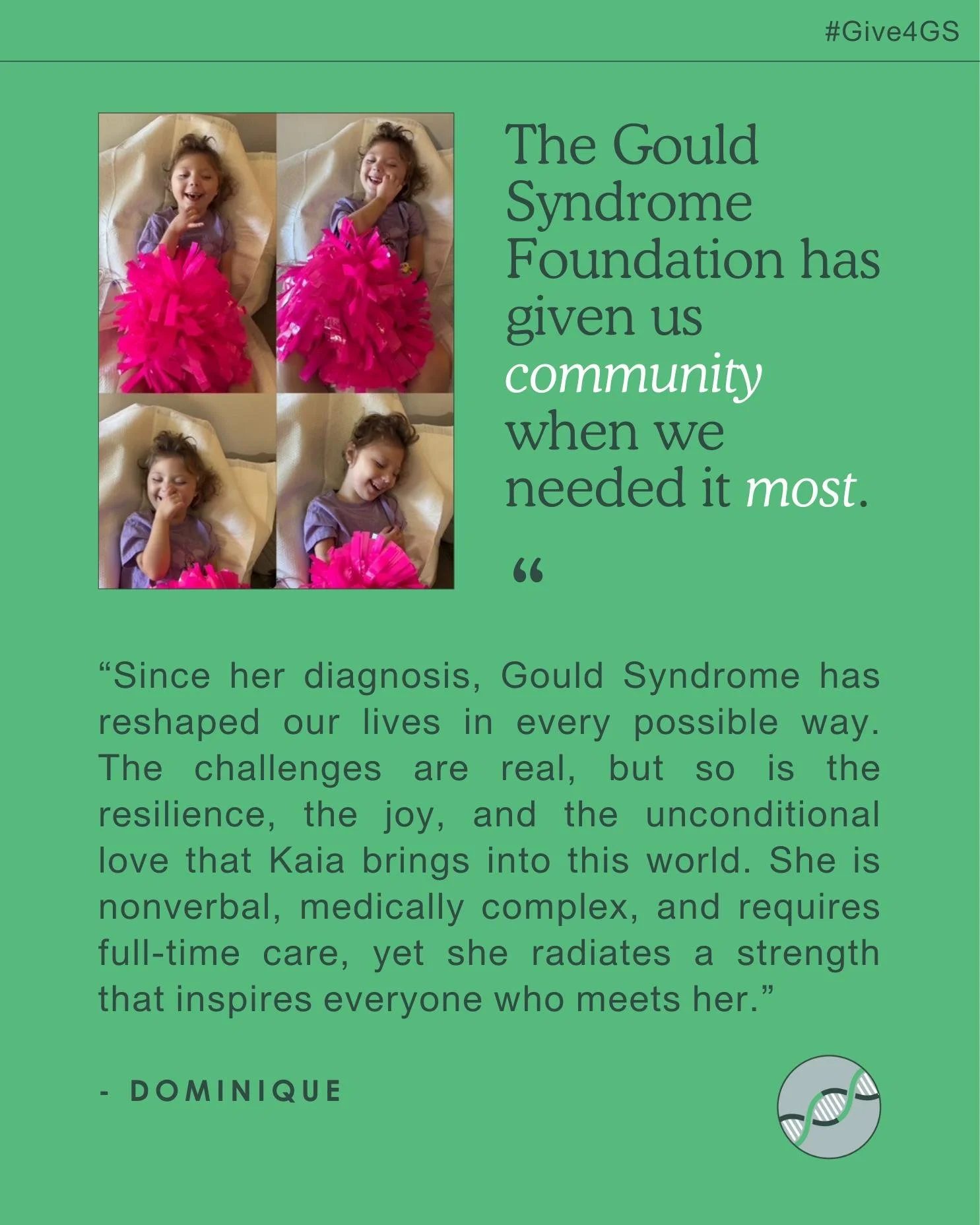 For parents navigating a COL4A1/A2 diagnosis, connection changes everything. Dominique found hope through the Gould Syndrome Foundation after her daughter Kaia's diagnosis. This May, our Conference in Boston unites the community advancing research an