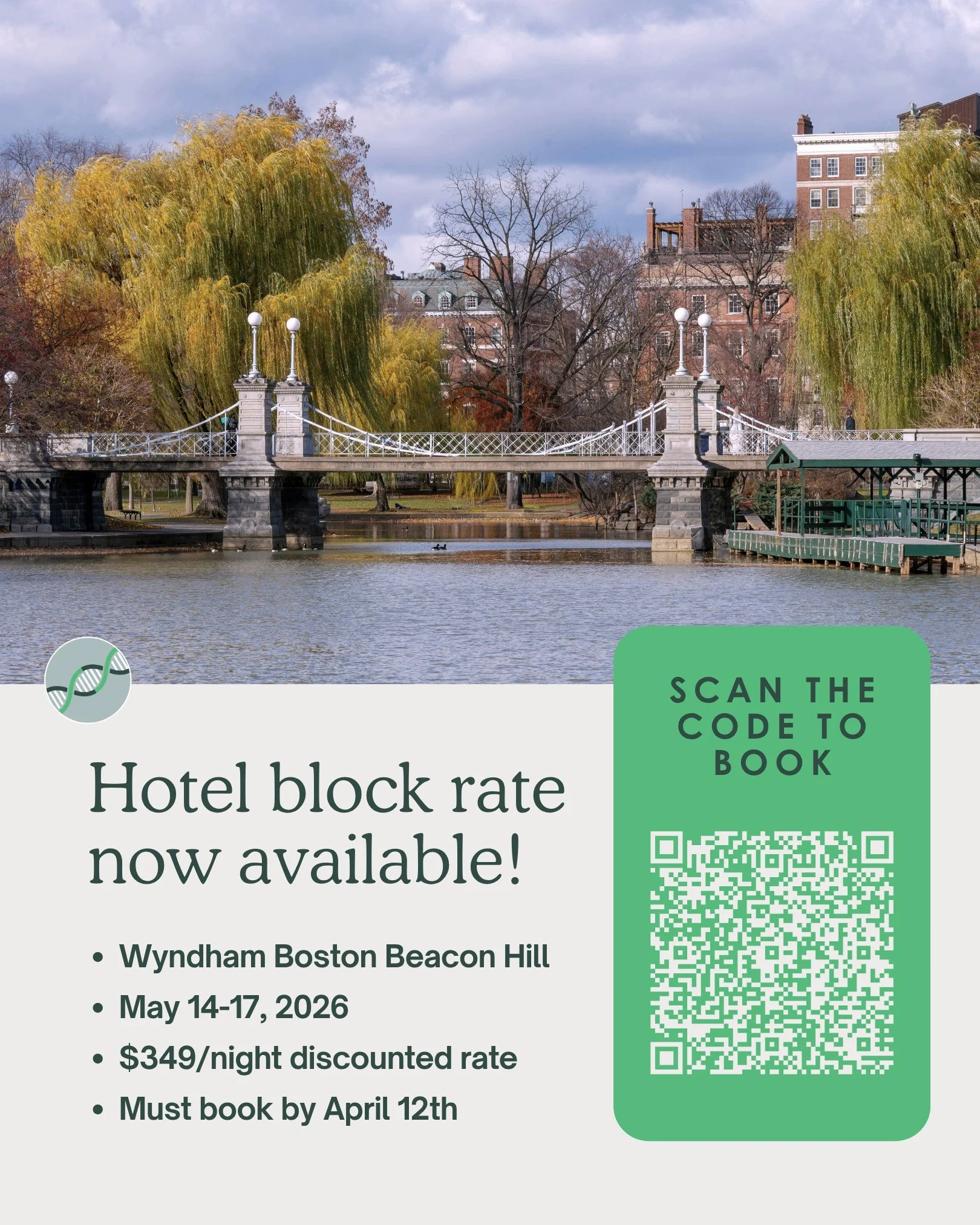 As a reminder, access to our block rate (a savings of over $100/night!) ends April 12th! We are pleased to announce that we've secured a limited room block at the Wyndham Boston Beacon Hill&mdash;right next to our conference venues and walking distan