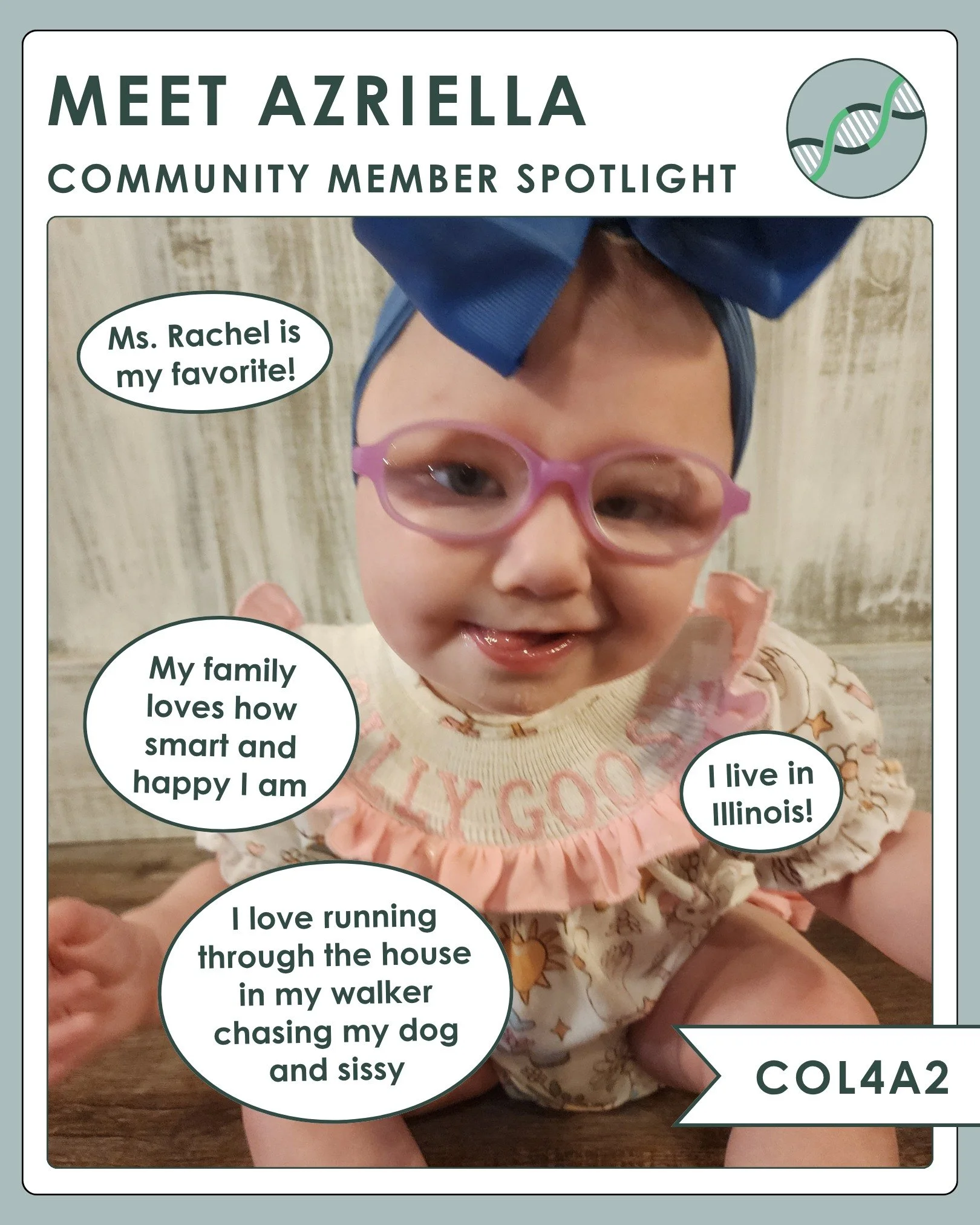 Say hello to Azriella, this week's community member spotlight!

If you'd like to share your child or yourself to be featured, please visit our "Warriors" page under the Community tab on our website. When we share our stories, we raise aware