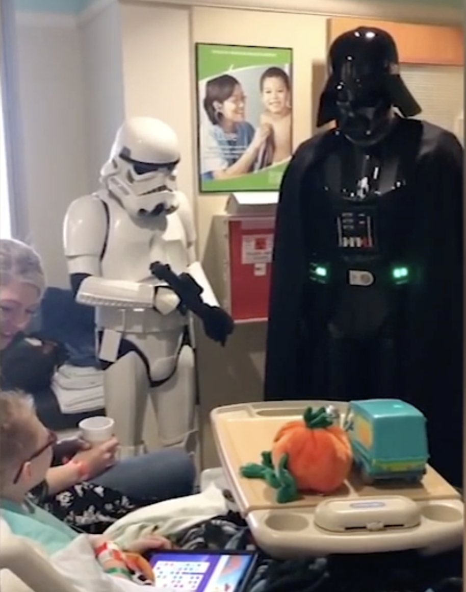 Darth Vader surprises Ezra in hospital young boy with Gould Syndrome