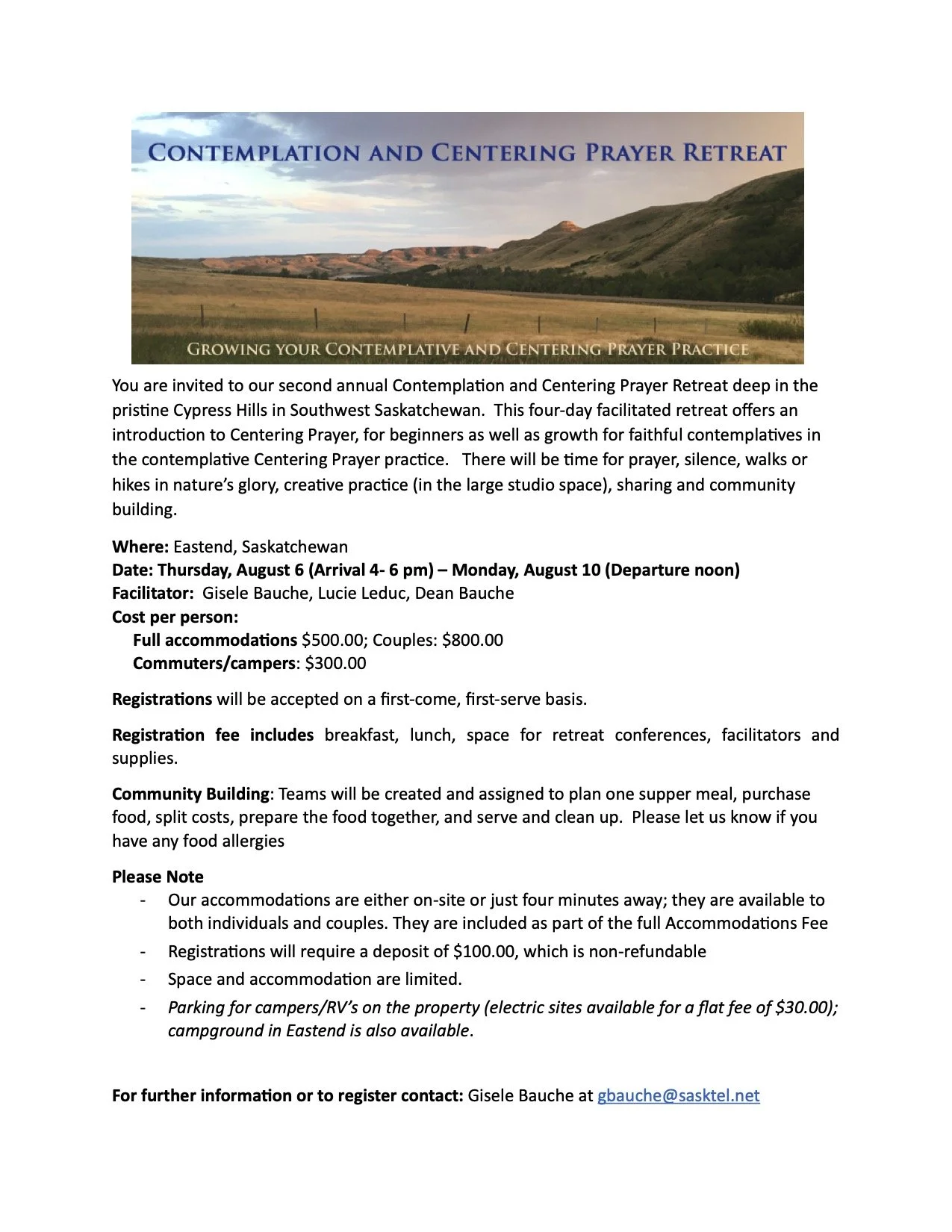 Flyer for Contemplation and Centering Prayer Retreat in Eastend, Saskatchewan, featuring a landscape photo of cypress hills and formatted details about the event.