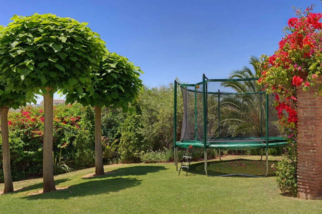 A backyard with a trampoline, trees, flowering bushes, and a brick wall under a clear blue sky.