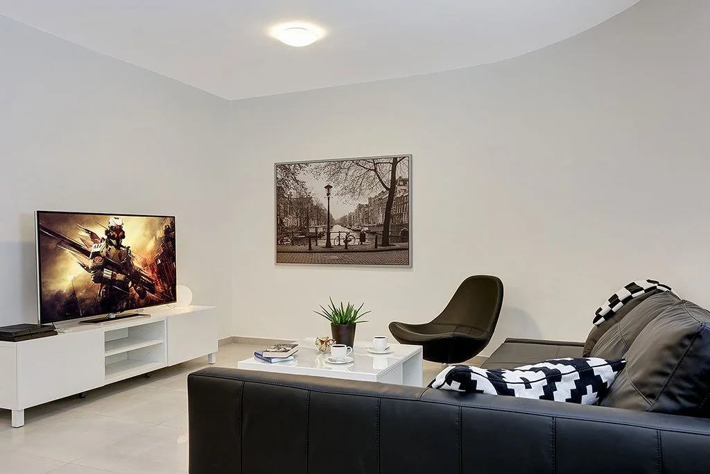 A modern living room with a white TV stand, a flat-screen TV showing a sci-fi scene, a framed black and white photo of a cityscape, a green plant on a white coffee table, a black lounge chair, a grey sofa with patterned black and white blankets, and 