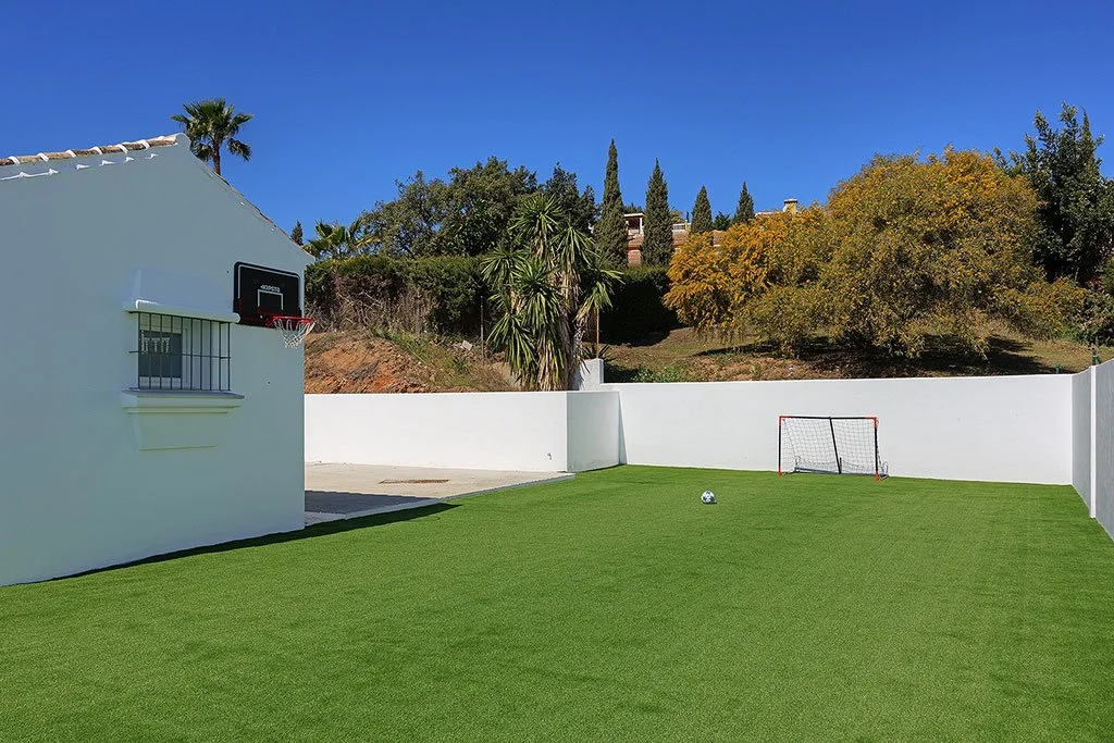A backyard soccer field with a small goal, a soccer ball, and a wall-mounted basketball hoop next to a white building, with trees and houses on a hillside in the background under a clear blue sky.