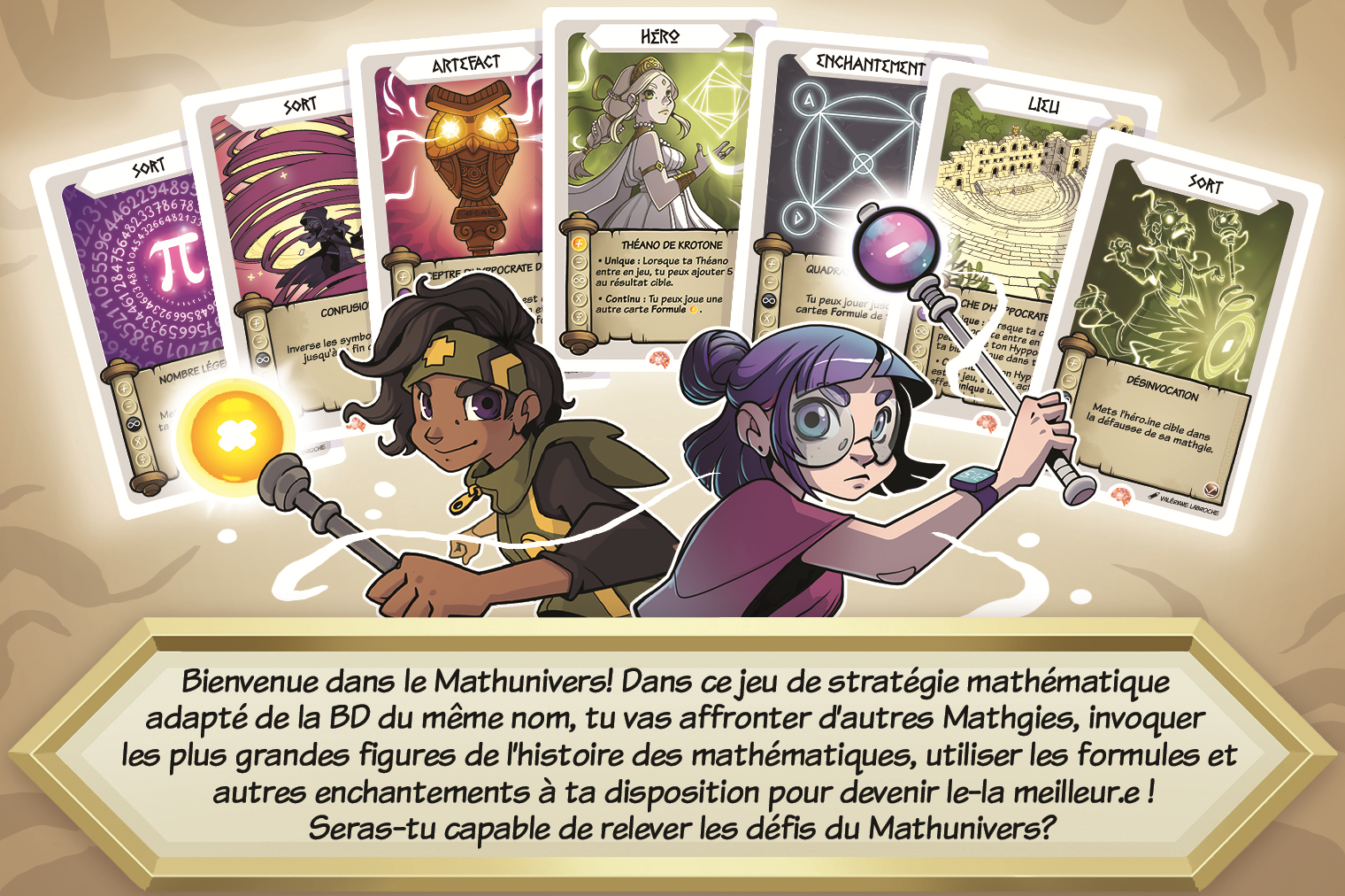 Dos de la boîte : Math et Maggie, baguette en main, devant sept cartes du jeu, et le texte « Bienvenue dans le Mathunivers ! » qui présente le jeu